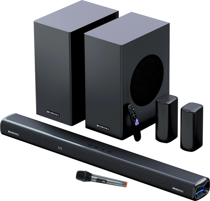 ZEBRONICS Juke BAR 9850 Dolby Atmos Dual Wireless (Subwoofer + Satellites)UHF Microphone 725 W Bluetooth Soundbar (Black, 5.2.4 Channel)