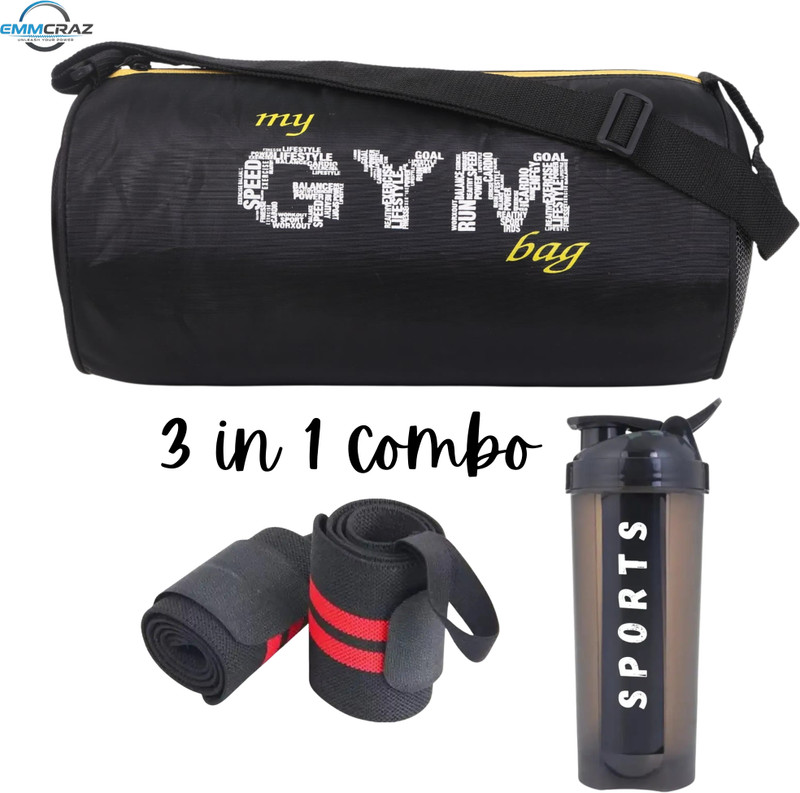 EMMCRAZ Combo Wrist Band With Gym Bag & 700ML Gym Shaker PACKOF3) (Black, Kit Bag)