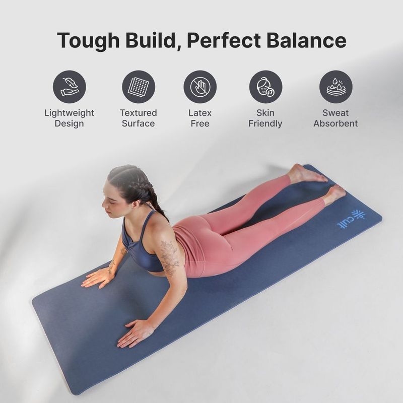 Cult TPE 10mm Yoga Mat with Strap & Bag Blue - Image 4