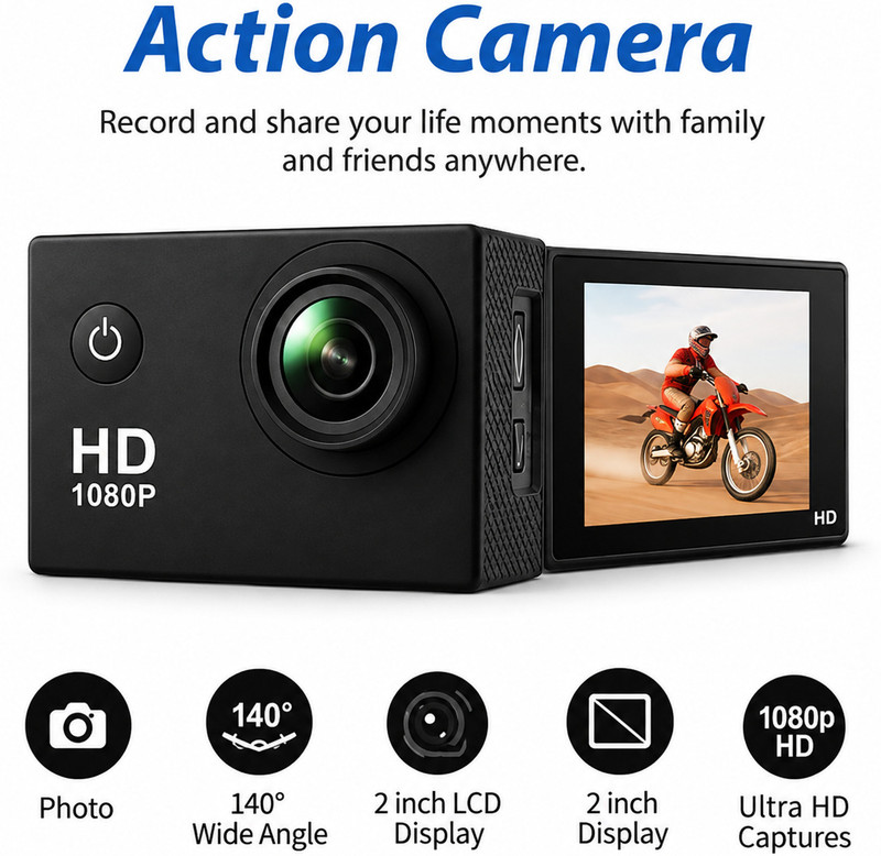 DASERANUDAS HD HD Action Camera Series Action Camera Wide-Angle Lens with 2 Inch Display Accessories 16MP Sports and Action Camera (Black, 1080 MP)