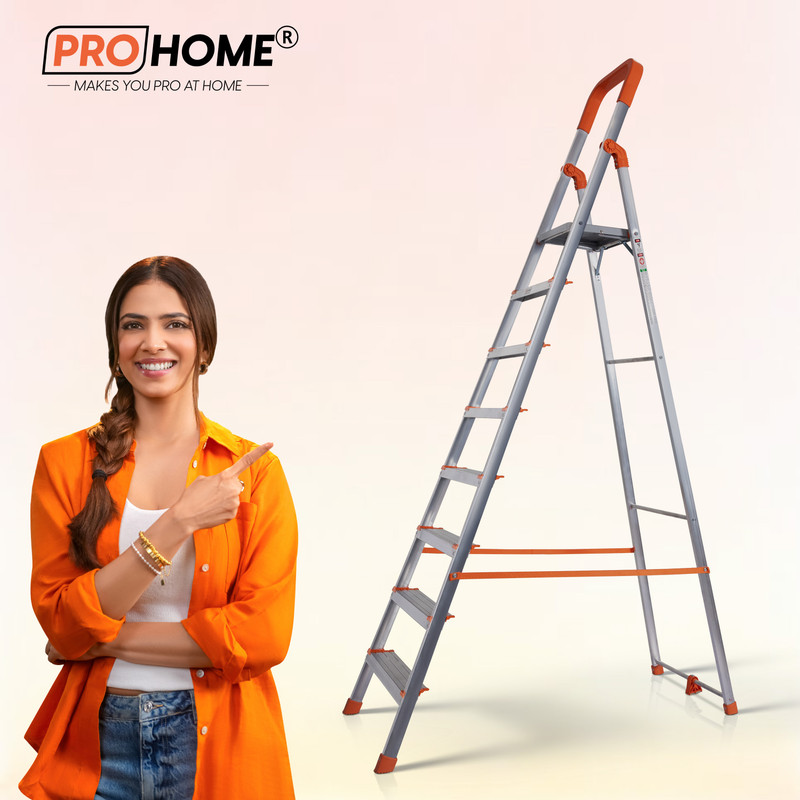 ProHome 8 step Folding Ladder for Household use Kitchen Boss, Metal Frame Anti Skid Step Aluminium Ladder (With Platform)
