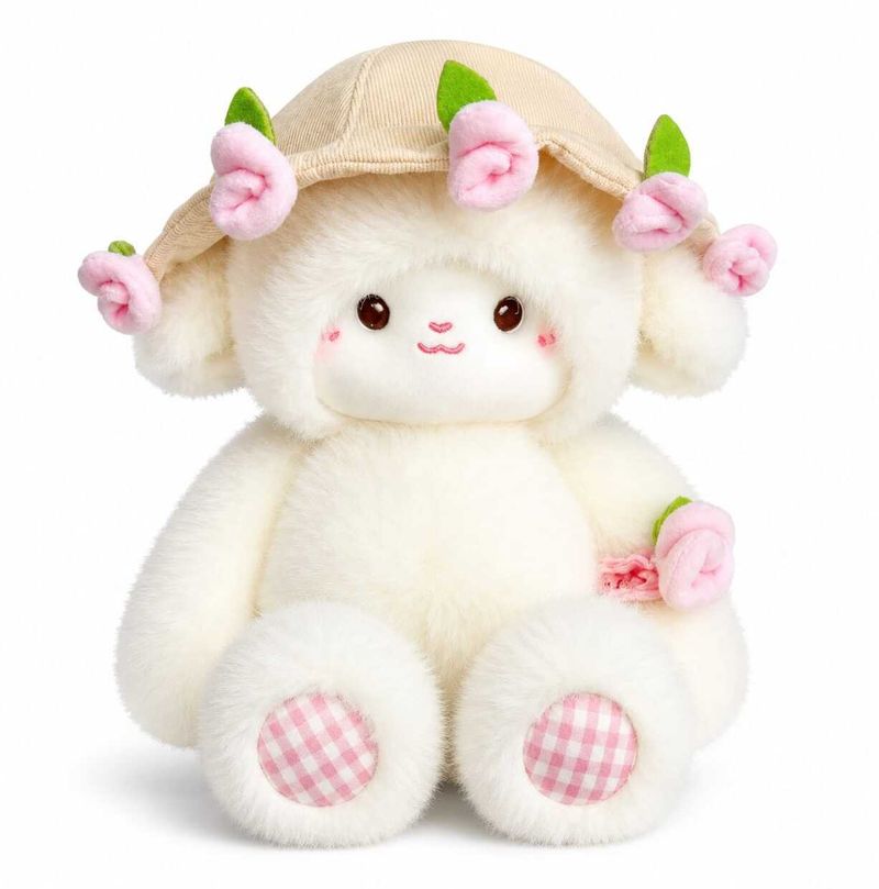 POSHAMPAA Cute Fluffy Lamb Plush Toy with Floral Hat - Image 2