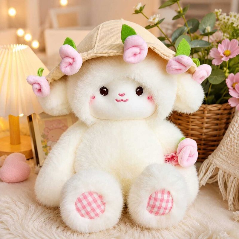 POSHAMPAA Cute Fluffy Lamb Plush Toy with Floral Hat - Image 4