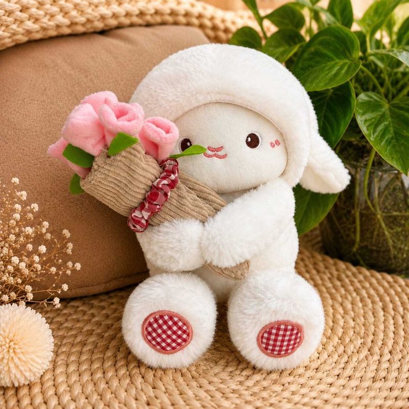 POSHAMPAA Cute Fluffy Lamb Plush Toy with Floral Hat - Image 3
