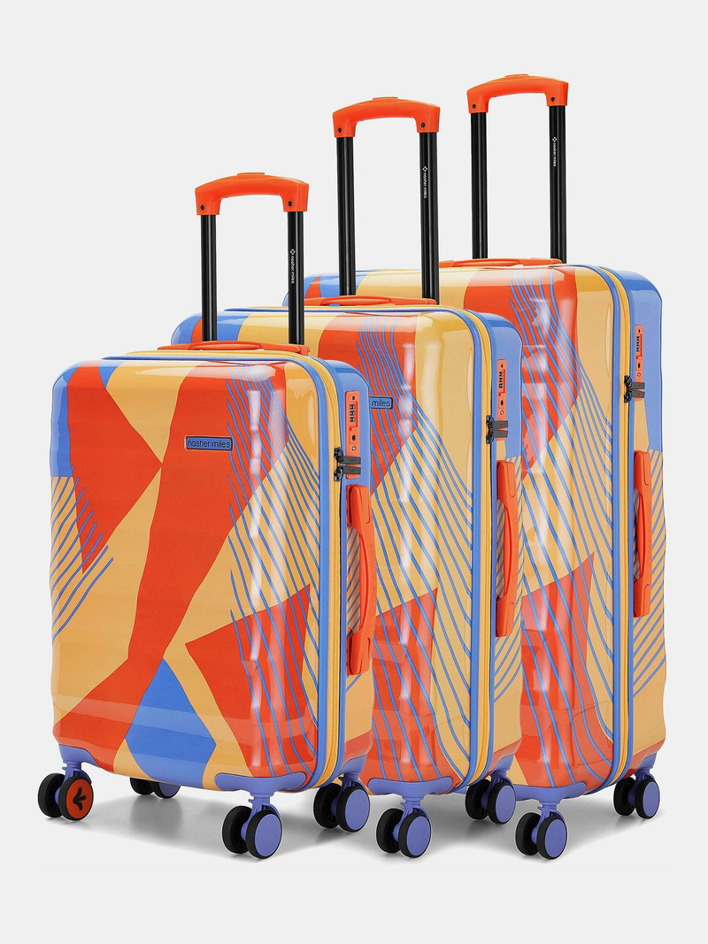 Nasher Miles NASHER MILES Hard Body Set of 3 Luggage 8 Wheels - Chicago Hard-Sided Polycarbonate Printed Orange Blue Trolley Bag(55,65&75cm) - Orange