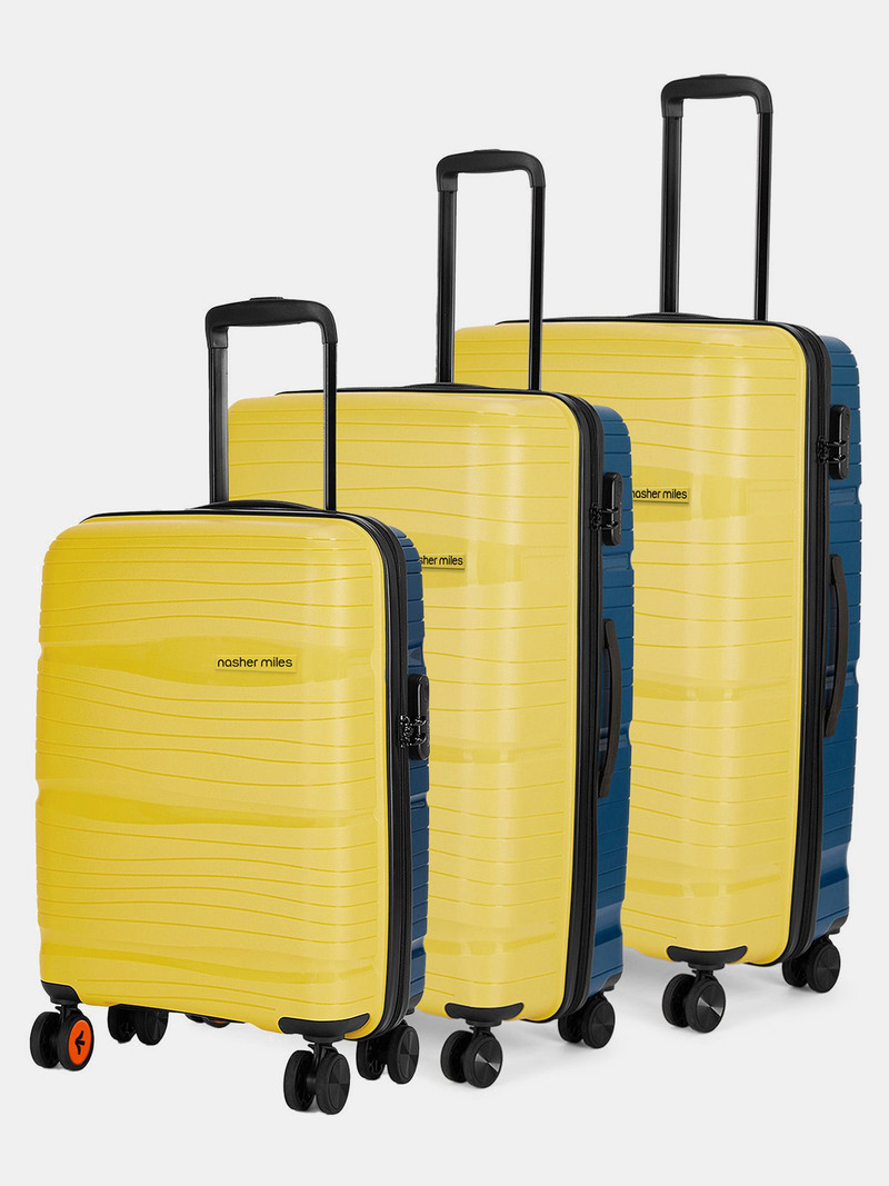 Nasher Miles NASHER MILES Hard Body Set of 3 Luggage 8 Wheels - Nicobar Hard-Sided Dual Tone Luggage Set of 3 YellowandNavyBlue(55, 65 & 75 cm) - Yellow, Blue