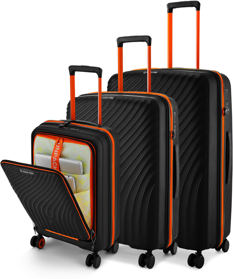 Nasher Miles NASHER MILES Hard Body Set of 3 Luggage 8 Wheels - Capri TSA Lock Hardside Polypropylene Luggage Set of 3 Trolley Bag for Travel - Black, Orange