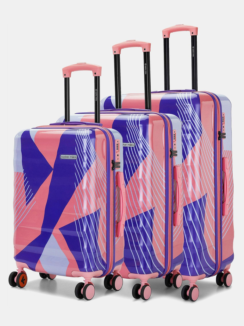 Nasher Miles NASHER MILES Hard Body Set of 3 Luggage 8 Wheels - Hard-Sided Polycarbonate Printed Pink Grey Trolley Bags (55,65&75cm) - Pink