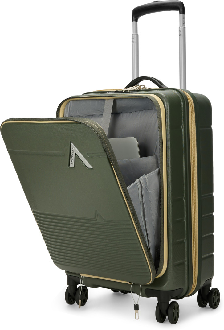 ARISTOCRAT Small Cabin Suitcase (55.5 cm) 8 Wheels - Orbit Plus Hard Side Laptop Compartment Trolley Bag With Combination Lock - Green