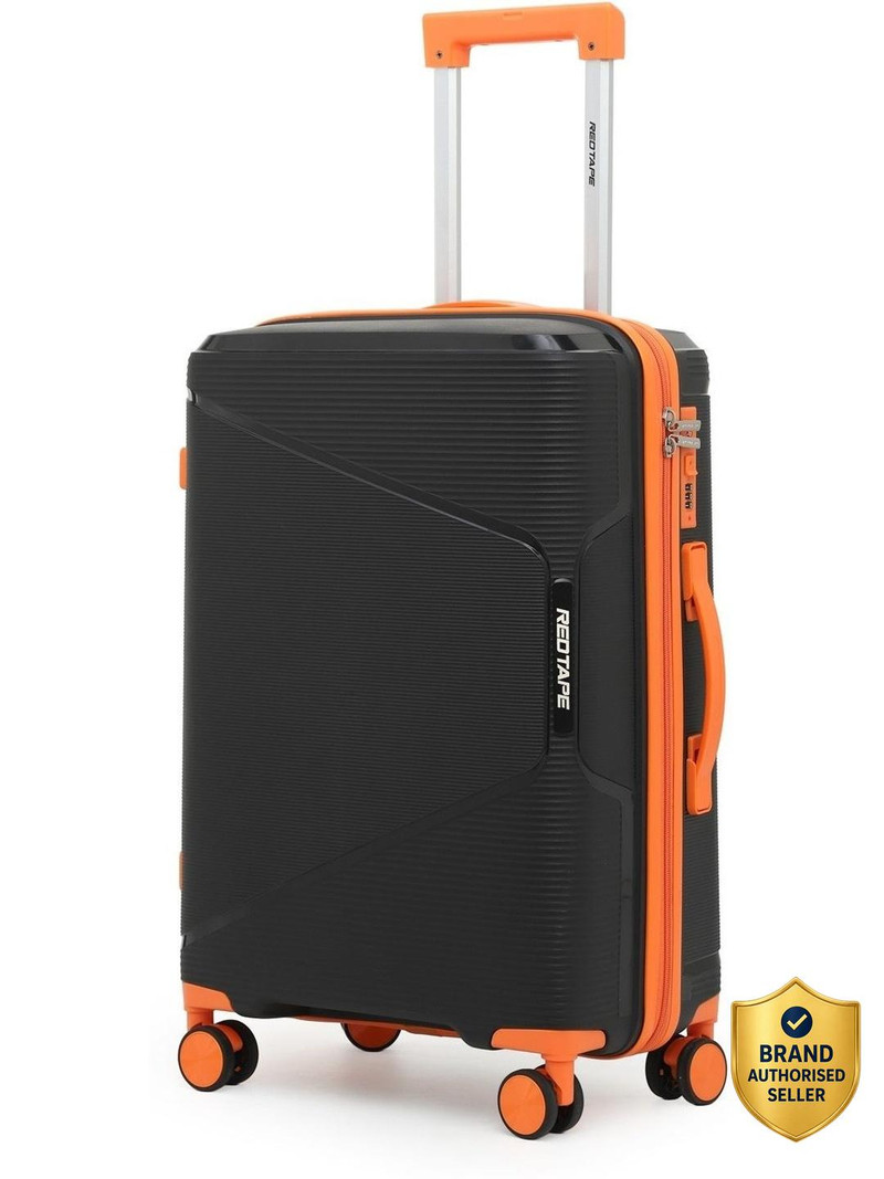 red tape medium check-in suitcase (64 cm) 8 wheels - unisex 60l polypropylene hard trolley bag with mobile holder - black, orange