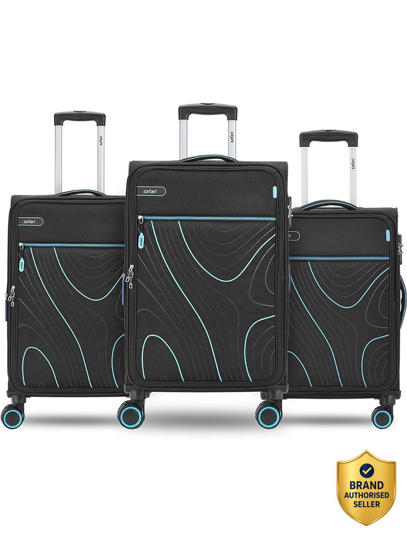 SAFARI Soft Body Set of 3 Luggage 8 Wheels - 8 Wheel, Trolley bag Set of 3 - Small, Medium & Large size, Black color, Contour - Black