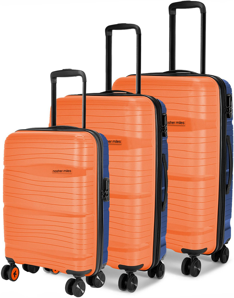 Nasher Miles NASHER MILES Hard Body Set of 3 Luggage 8 Wheels - Nicobar Hard-Sided Dual Tone Luggage Set of 3 Orange and Blue (55, 65 & 75 cm) - Orange, Blue