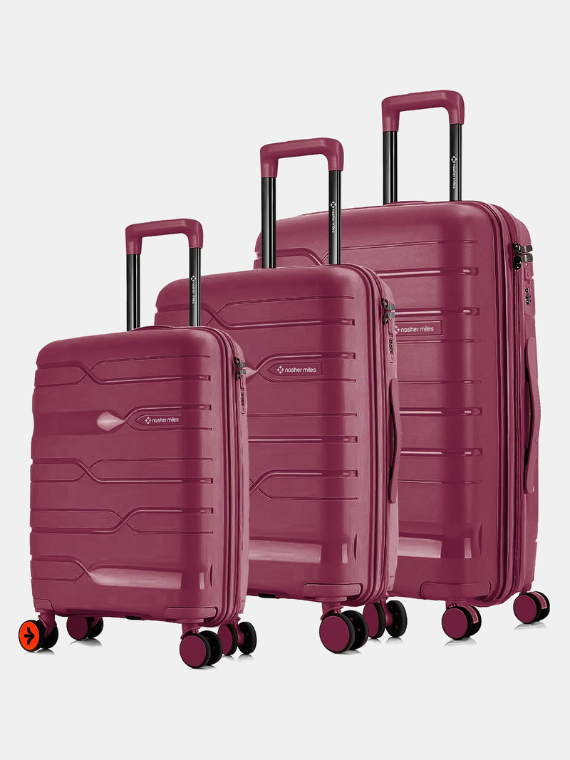 Nasher Miles NASHER MILES Hard Body Set of 3 Luggage 8 Wheels - Paris Polypropylene Hard-Sided Trolley Bags 55, 65 & 75 cm for Travel & Business - Maroon