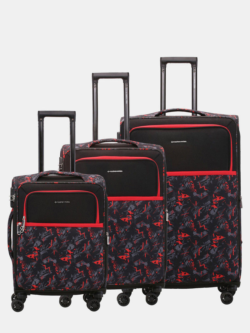 Nasher Miles NASHER MILES Soft Body Set of 3 Luggage 8 Wheels - Polyester Luggage Set of 3 Printed Trolley Bags (55, 65 & 75cm) - Black, Orange