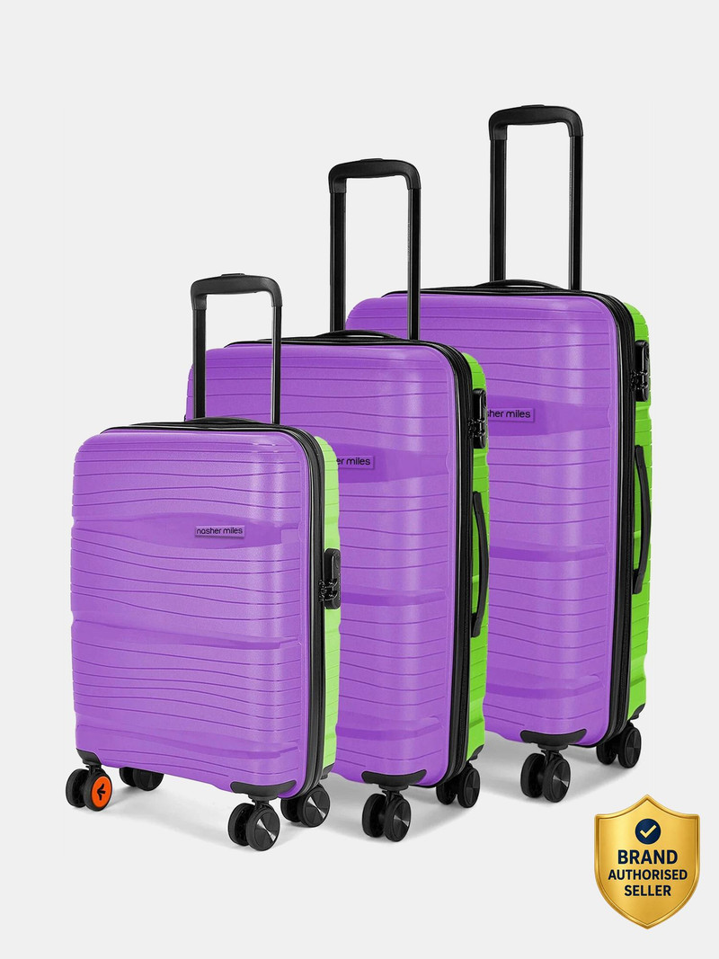 Nasher Miles NASHER MILES Nicobar Hard-Sided Dual Tone Luggage Set of 3 Purple and Green (55, 65 & 75 cm) Cabin & Check-in Set 8 Wheels - 28 inch