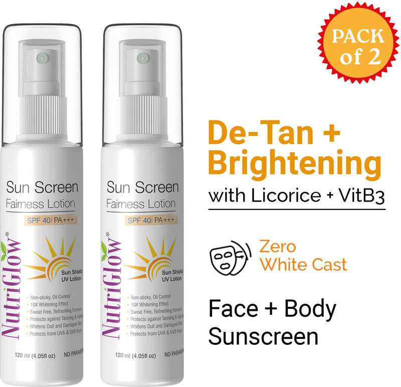 NutriGlow Sunscreen - SPF 40 PA+++ Sunscreen Fairness Lotion SPF 40 PA+++, Tan Free Skin,120ml, Pack of 2