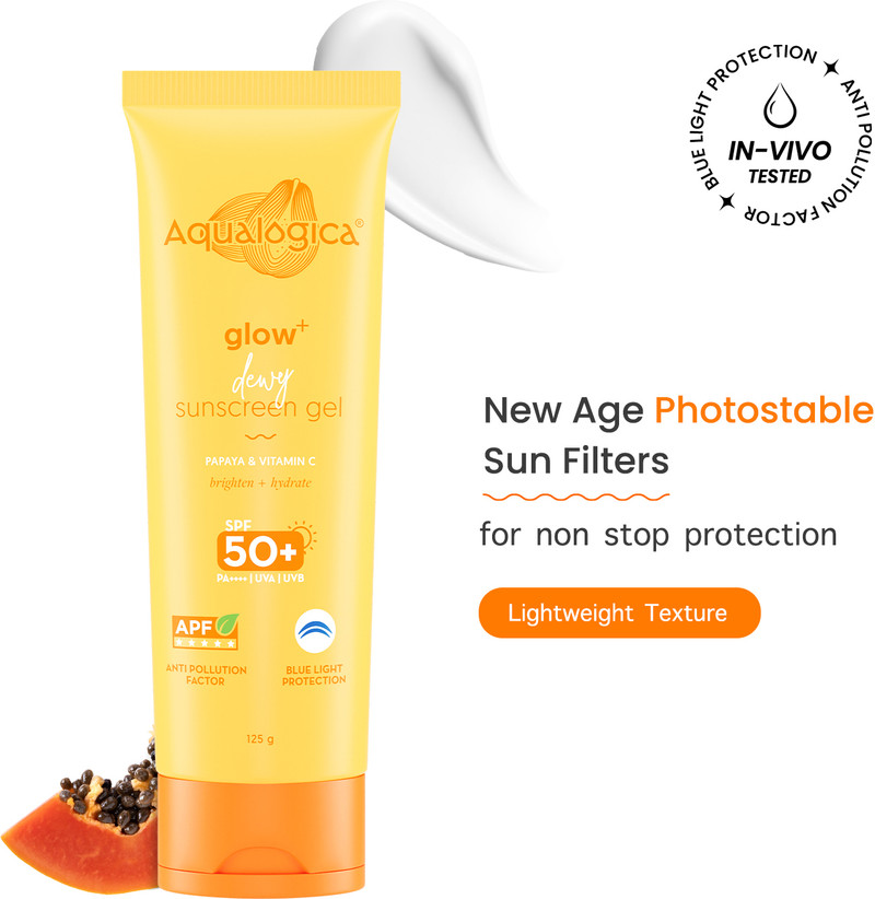 Aqualogica Sunscreen - Spf 50 Pa++++ Glow+ Dewy Sunscreen With Papaya & Vitamin C | Lightweight & No White-cast*##*125 g (Pack Of 1)