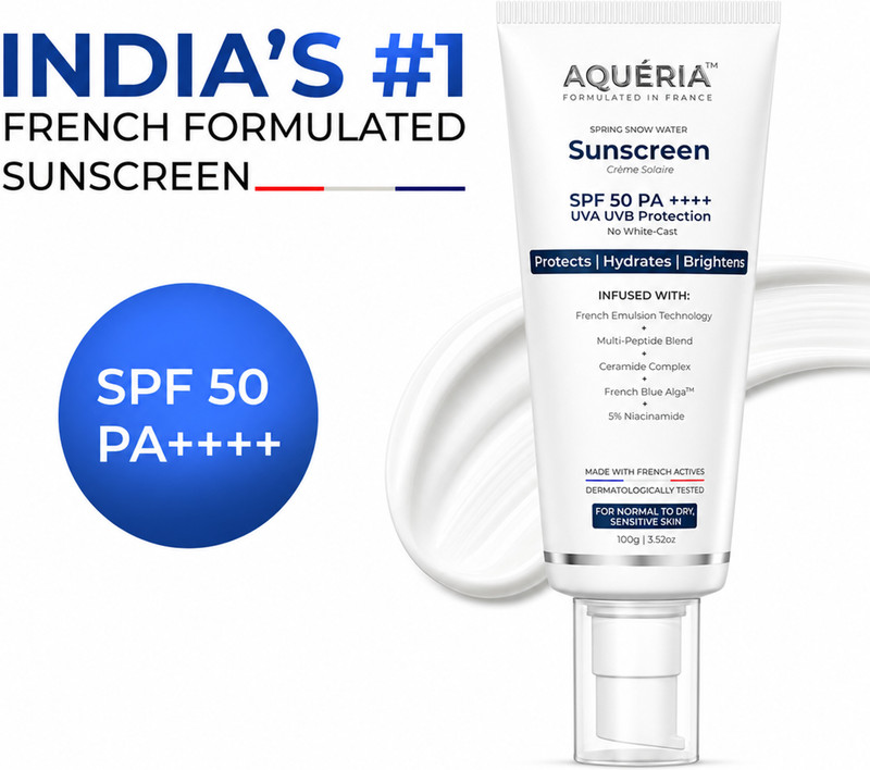 Aqueria Sunscreen - SPF 50 PA++++ Brightening & Hydrating French Multi-Active SPF | Niacinamide, Tranexamic Acid