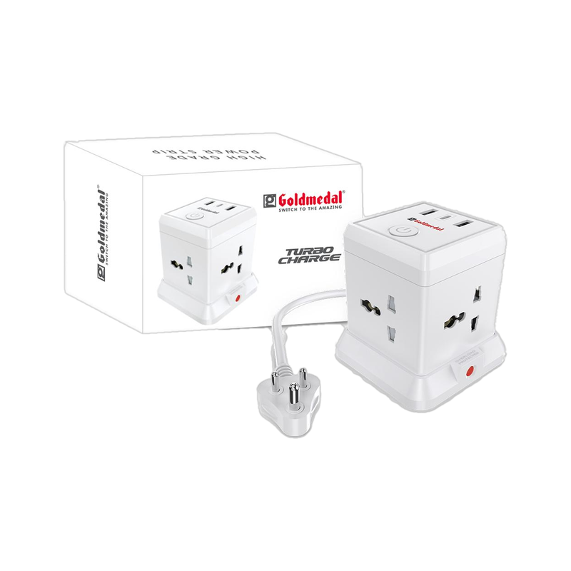 Goldmedal Turbocharge 4+3 Power Strip 4  Socket Extension Boards (White, 2 m, With USB Port)