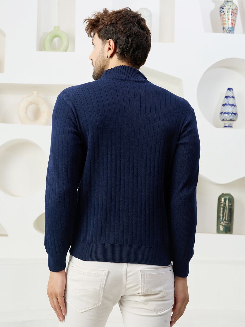 KVETOO Men Self Design High Neck Dark Blue Sweater - Image 3