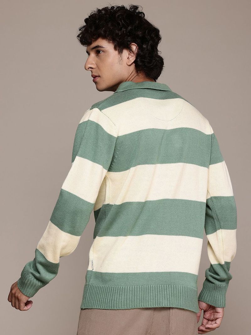 Roadster Men Green Striped Collared Neck Sweater - Image 6