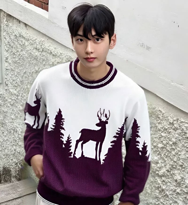HouseOfCommon Men Printed, Self Design Round Neck Maroon, White Sweater - Image 4