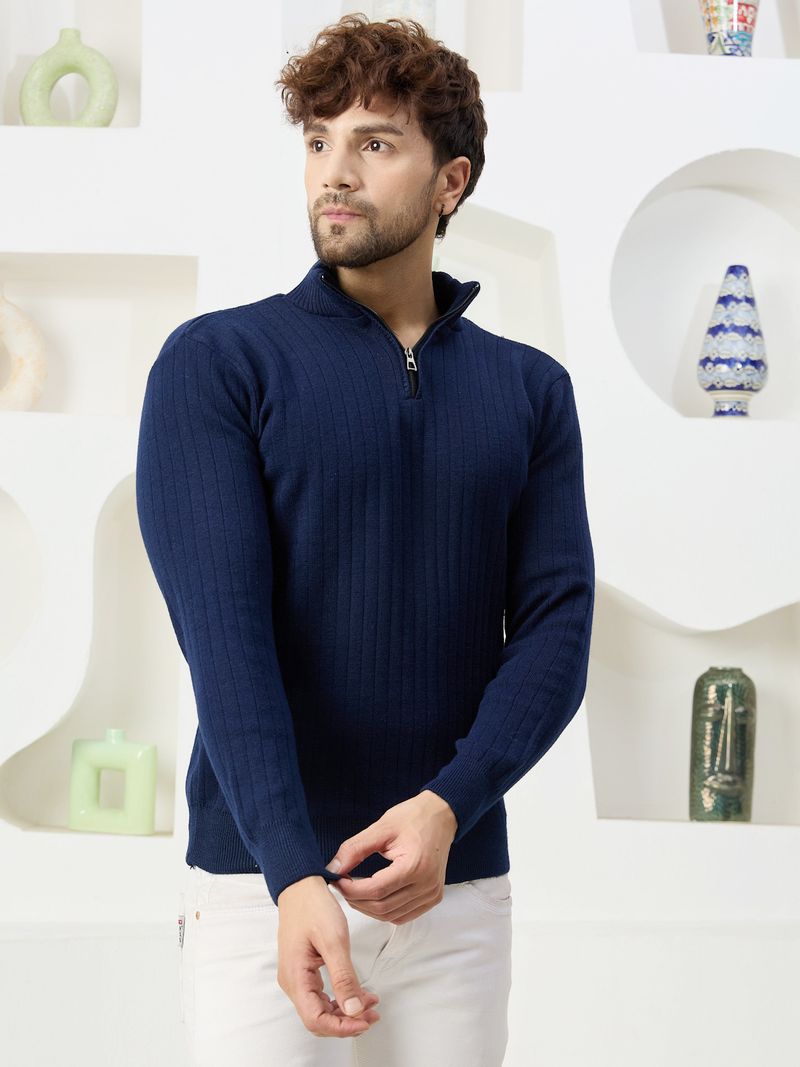 KVETOO Men Self Design High Neck Dark Blue Sweater - Image 4
