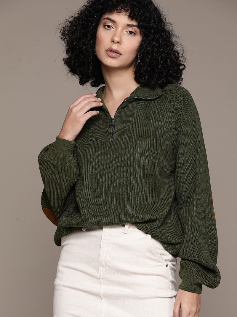 Roadster Women Self Design Turtle Neck Green Sweater