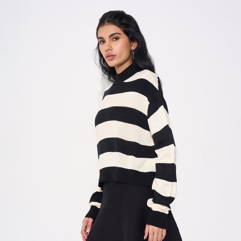 SF Jeans by Pantaloons Women Striped Round Neck White Sweater - Image 5
