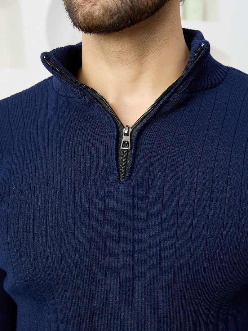 KVETOO Men Self Design High Neck Dark Blue Sweater - Image 5