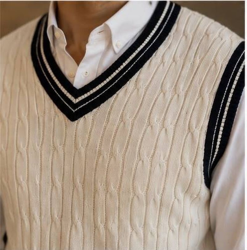 KaramKar Men Self Design V Neck Beige Sweater - Image 5