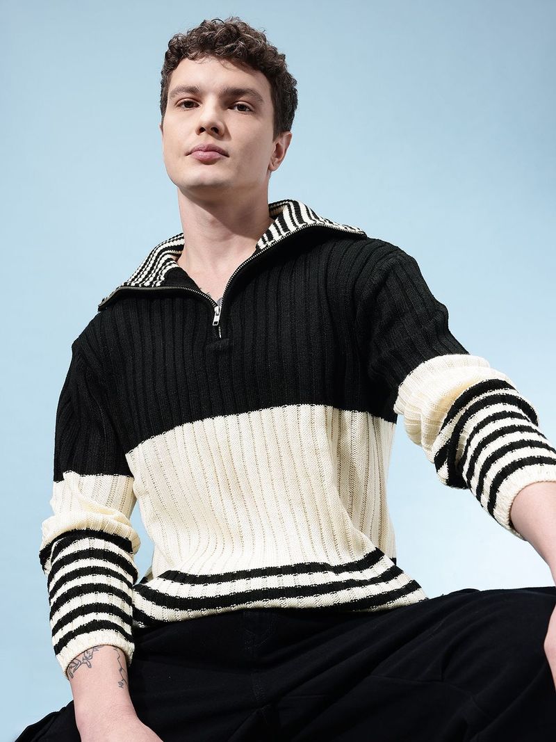 Glitchez Men Colorblock Peter Pan Collar White Sweater - Image 2