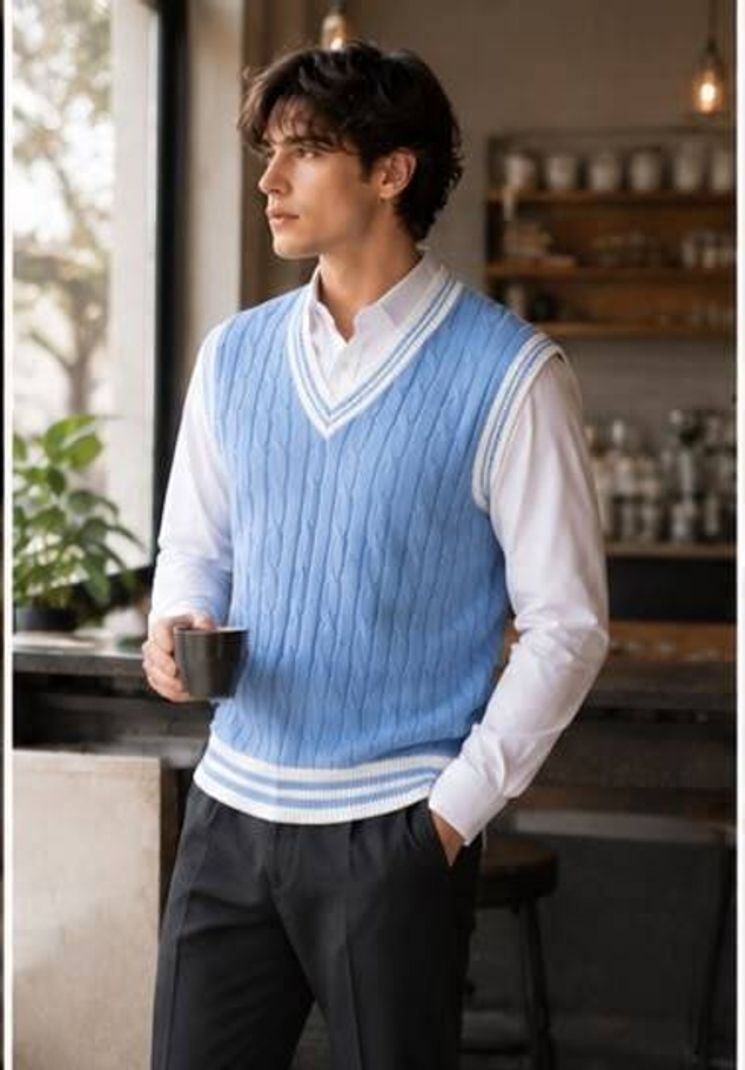 KaramKar Men Light Blue V Neck Sweater - Image 2