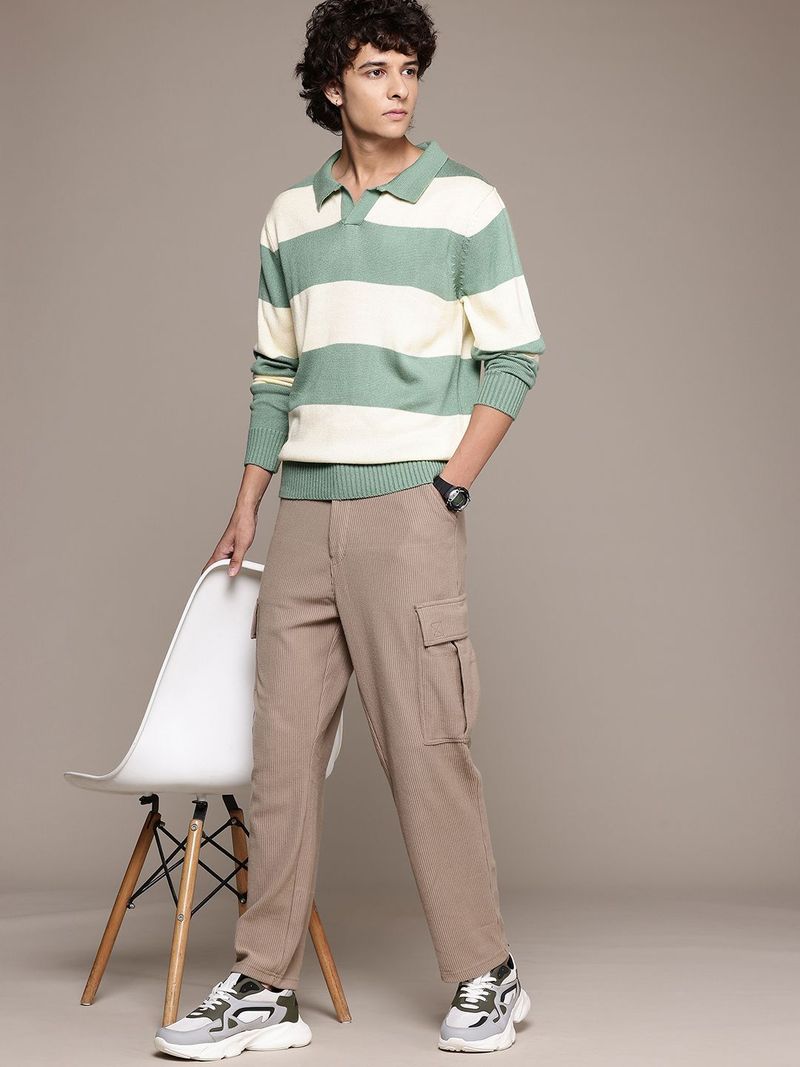 Roadster Men Green Striped Collared Neck Sweater - Image 5
