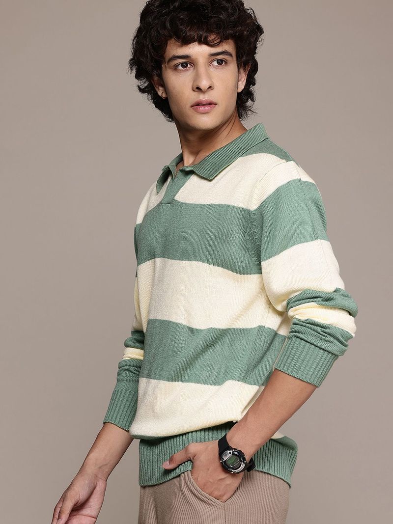 Roadster Men Green Striped Collared Neck Sweater - Image 4