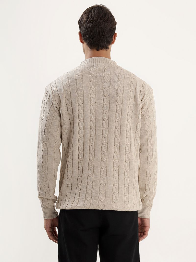 kveto Men Self Design High Neck Beige Sweater - Image 3