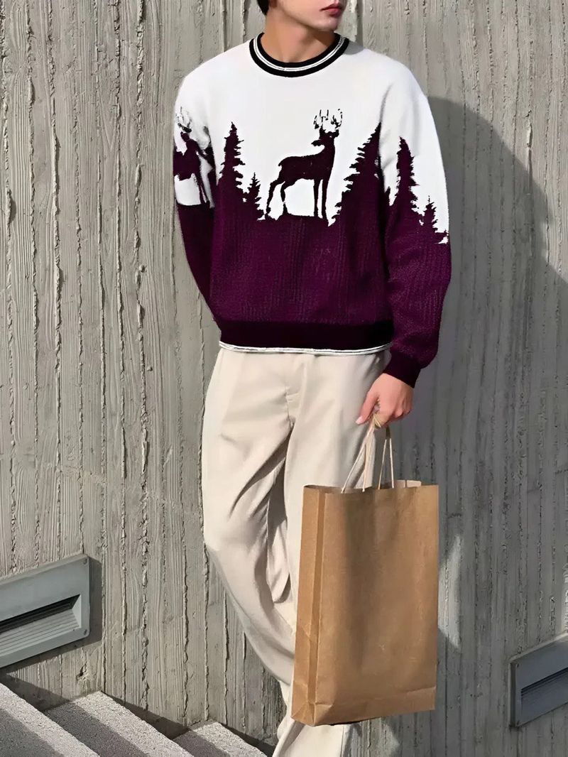 HouseOfCommon Men Printed, Self Design Round Neck Maroon, White Sweater - Image 3