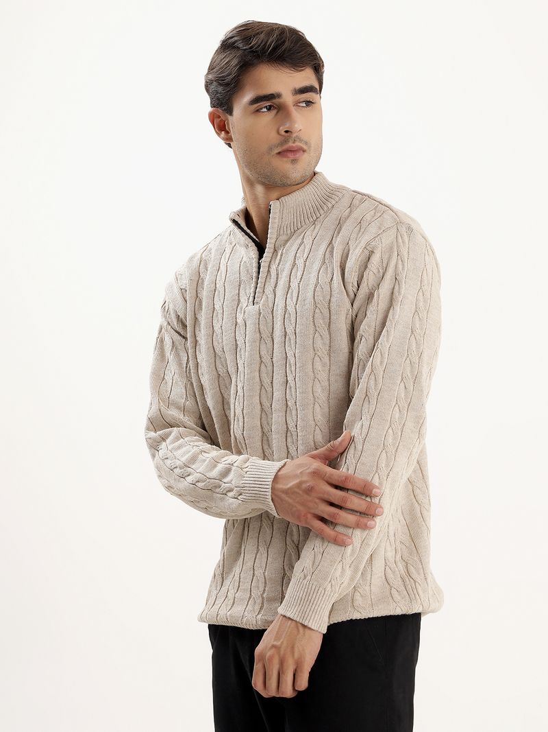 kveto Men Self Design High Neck Beige Sweater - Image 4