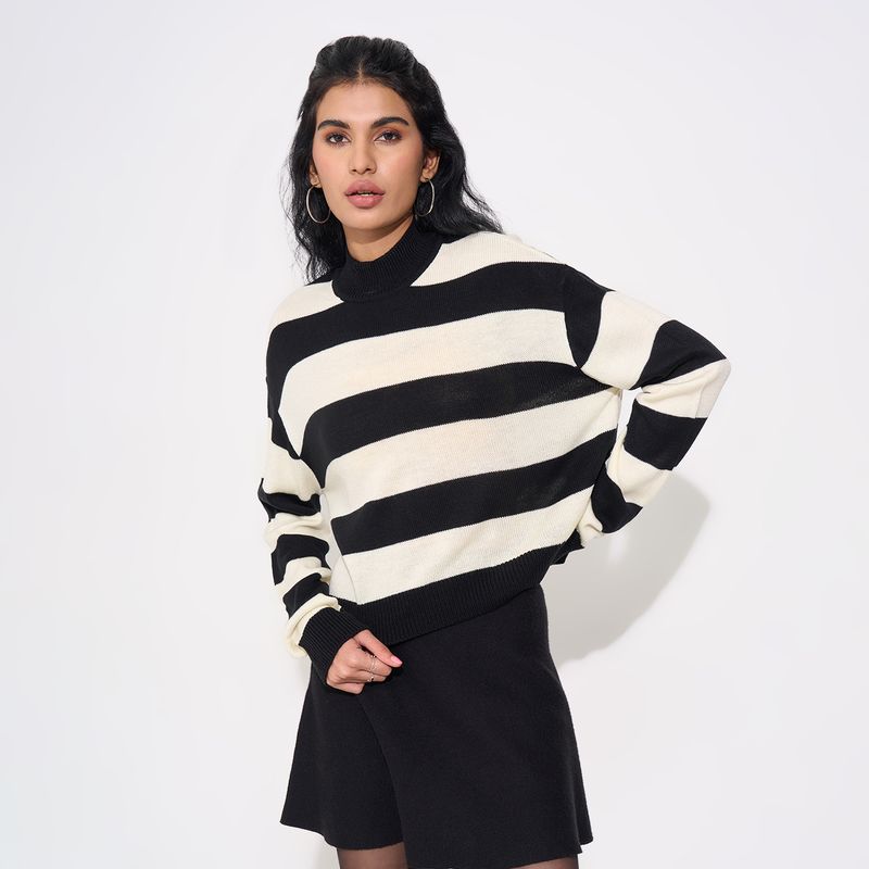 SF Jeans by Pantaloons Women Striped Round Neck White Sweater - Image 4