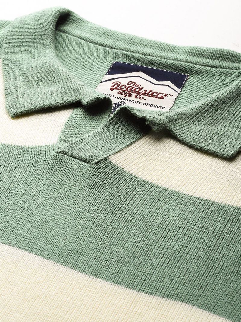 Roadster Men Green Striped Collared Neck Sweater - Image 3