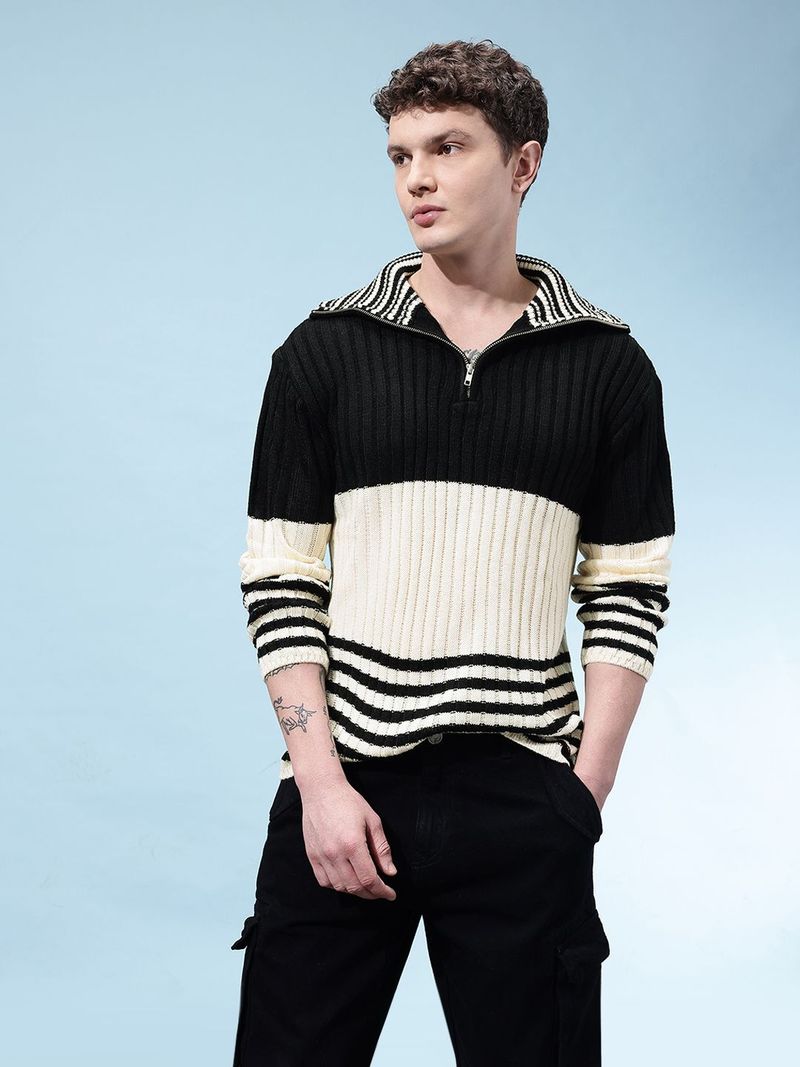 Glitchez Men Colorblock Peter Pan Collar White Sweater - Image 4