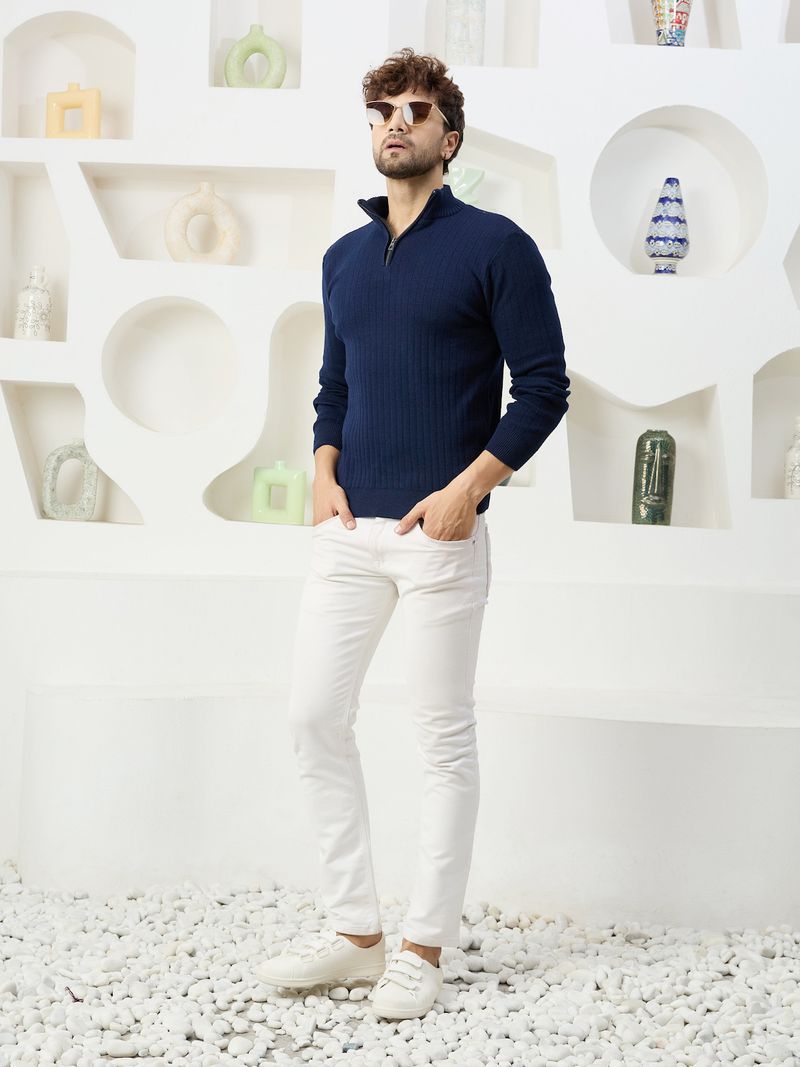 KVETOO Men Self Design High Neck Dark Blue Sweater - Image 6