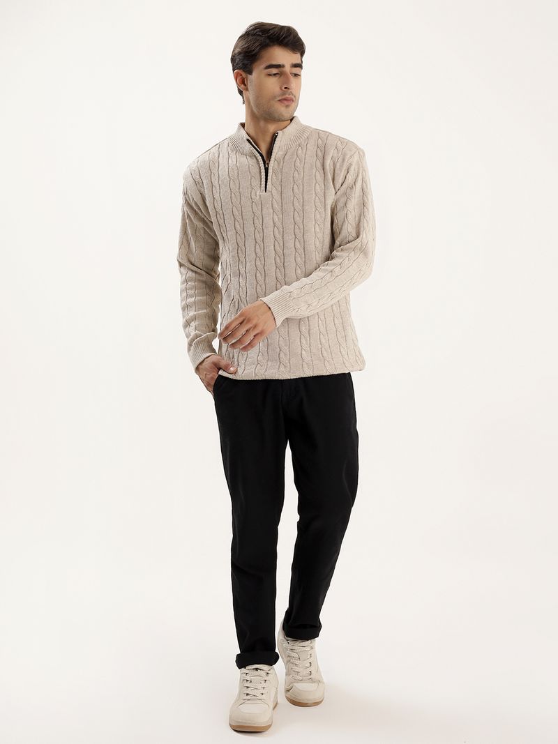 kveto Men Self Design High Neck Beige Sweater - Image 5