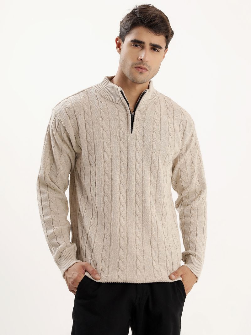 kveto Men Self Design High Neck Beige Sweater - Image 2