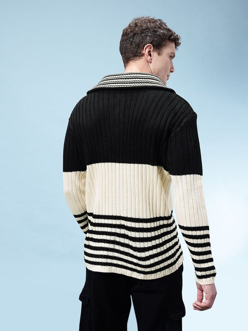 Glitchez Men Colorblock Peter Pan Collar White Sweater - Image 5