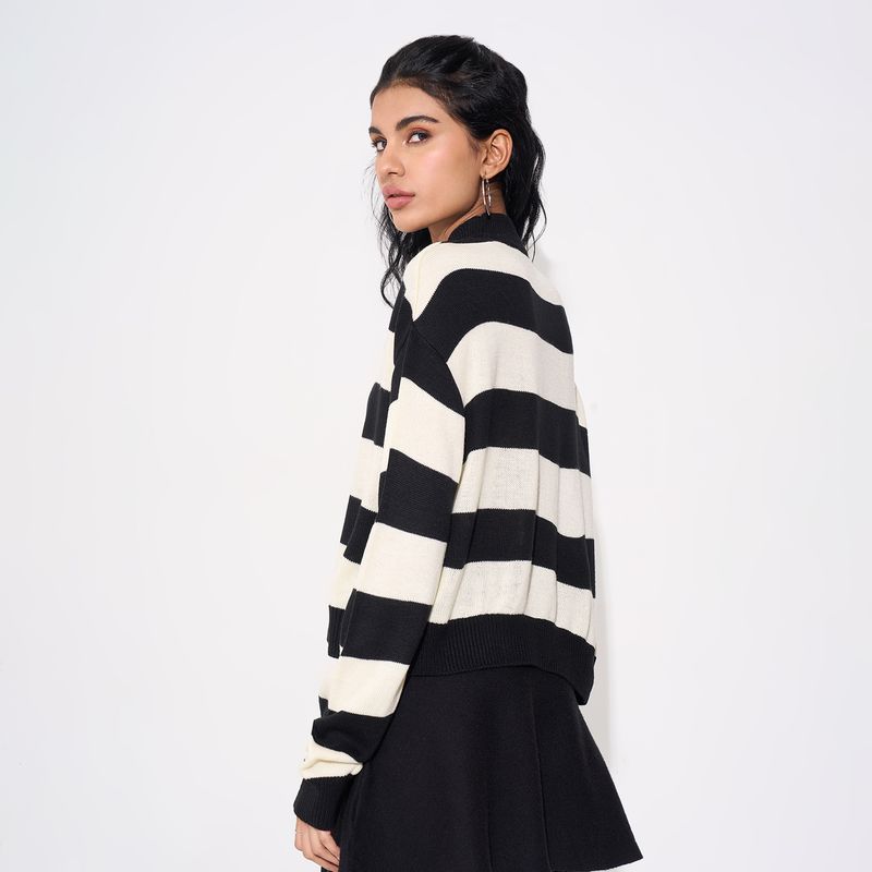 SF Jeans by Pantaloons Women Striped Round Neck White Sweater - Image 6