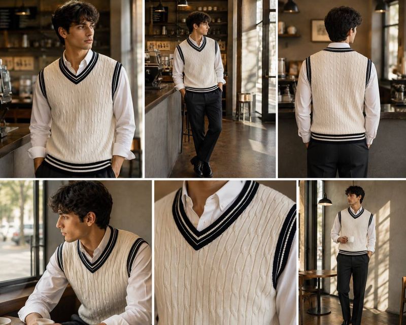 KaramKar Men Self Design V Neck Beige Sweater - Image 6