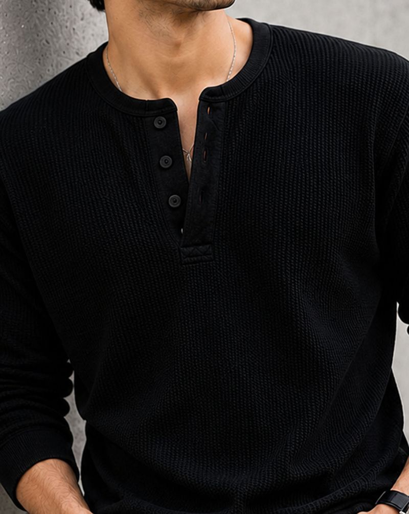ENITOR Men Black Henley Neck Cotton Blend T-Shirt - Image 5
