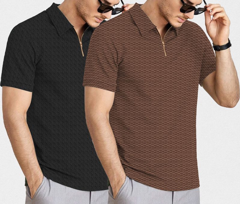 KAJARU Men's Solid Zip Neck Brown T-Shirt - Image 5