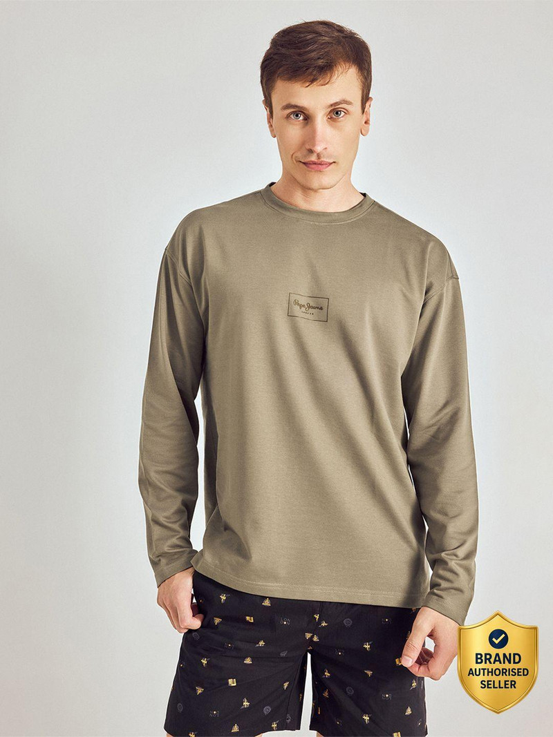 Men Printed Round Neck Cotton Blend Brown T-Shirt